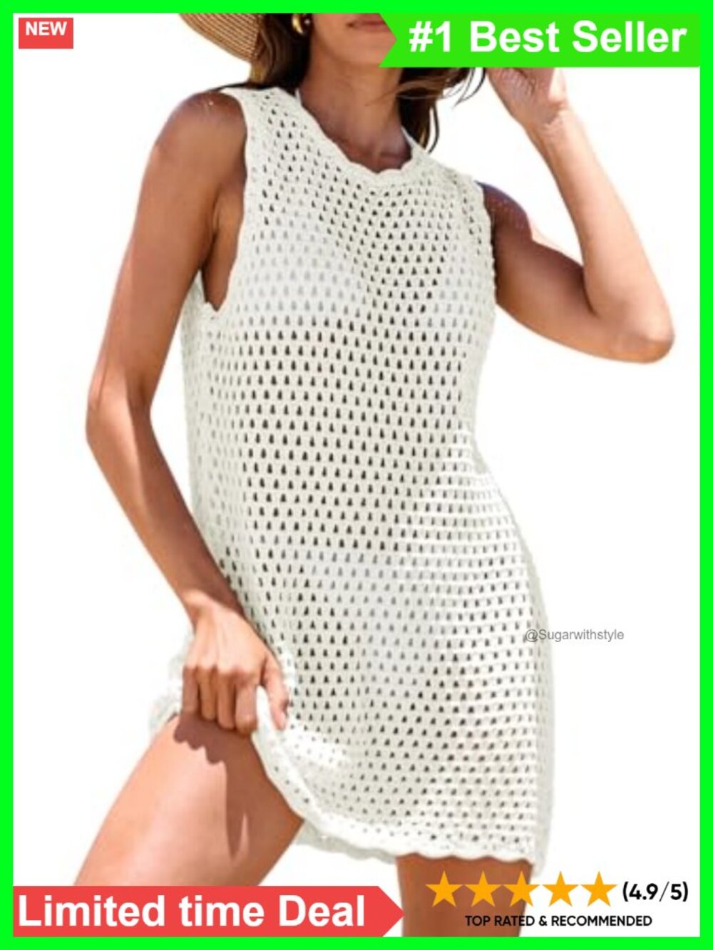 Crochet Mini Dress Swimsuit Cover Up Sleeveless Hollow Knit Beach